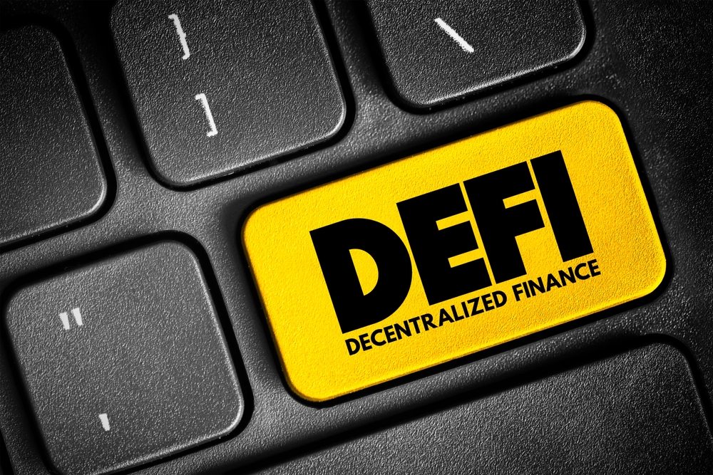 DeFi Decentralized Finance - blockchain-based form of finance that does not rely on central financial intermediaries, technology concept button on keyboard