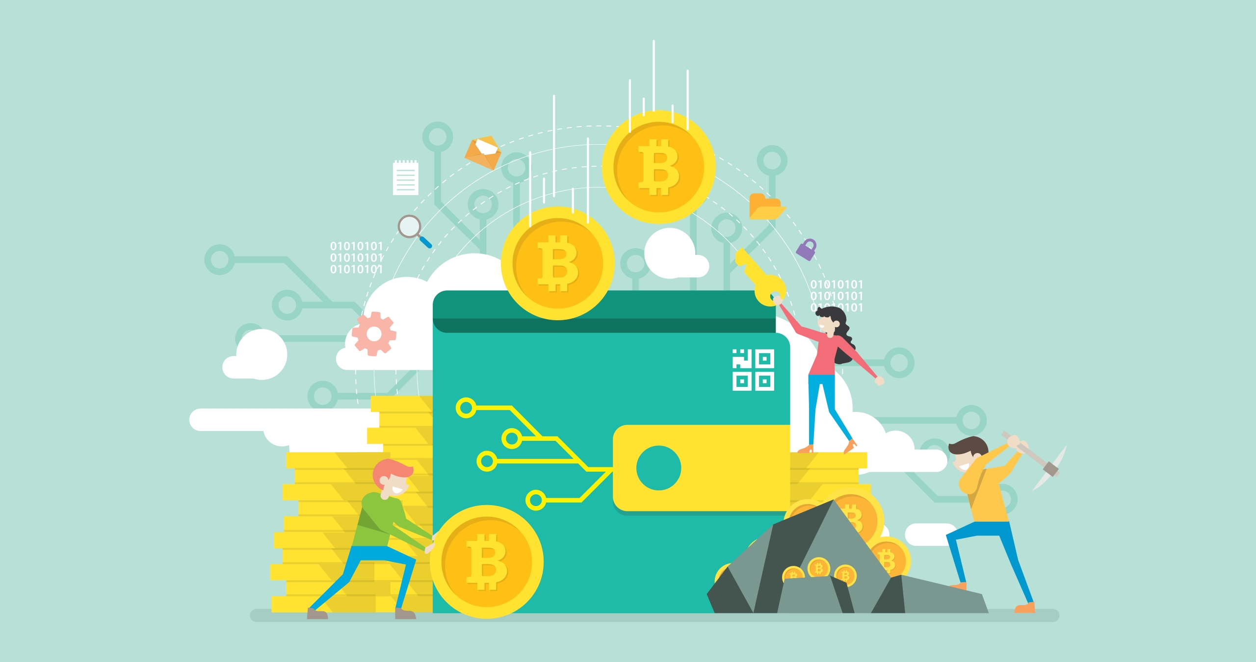Bitcoin Wallet Tiny People Character Concept Vector Illustration, Suitable For Wallpaper, Banner, Background, Card, Book Illustration, Web Landing Page, and Other Related Creative