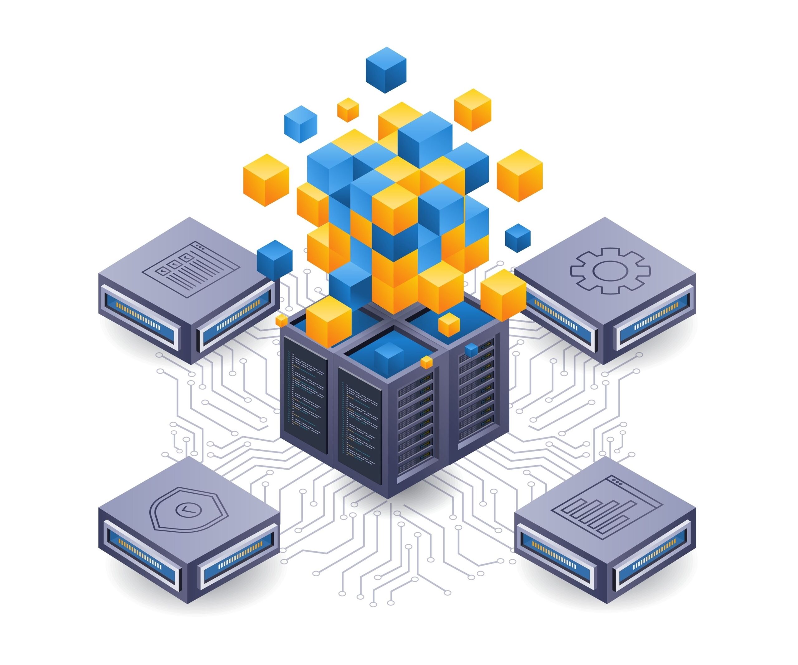 Blockchain network server technology isometric flat illustration