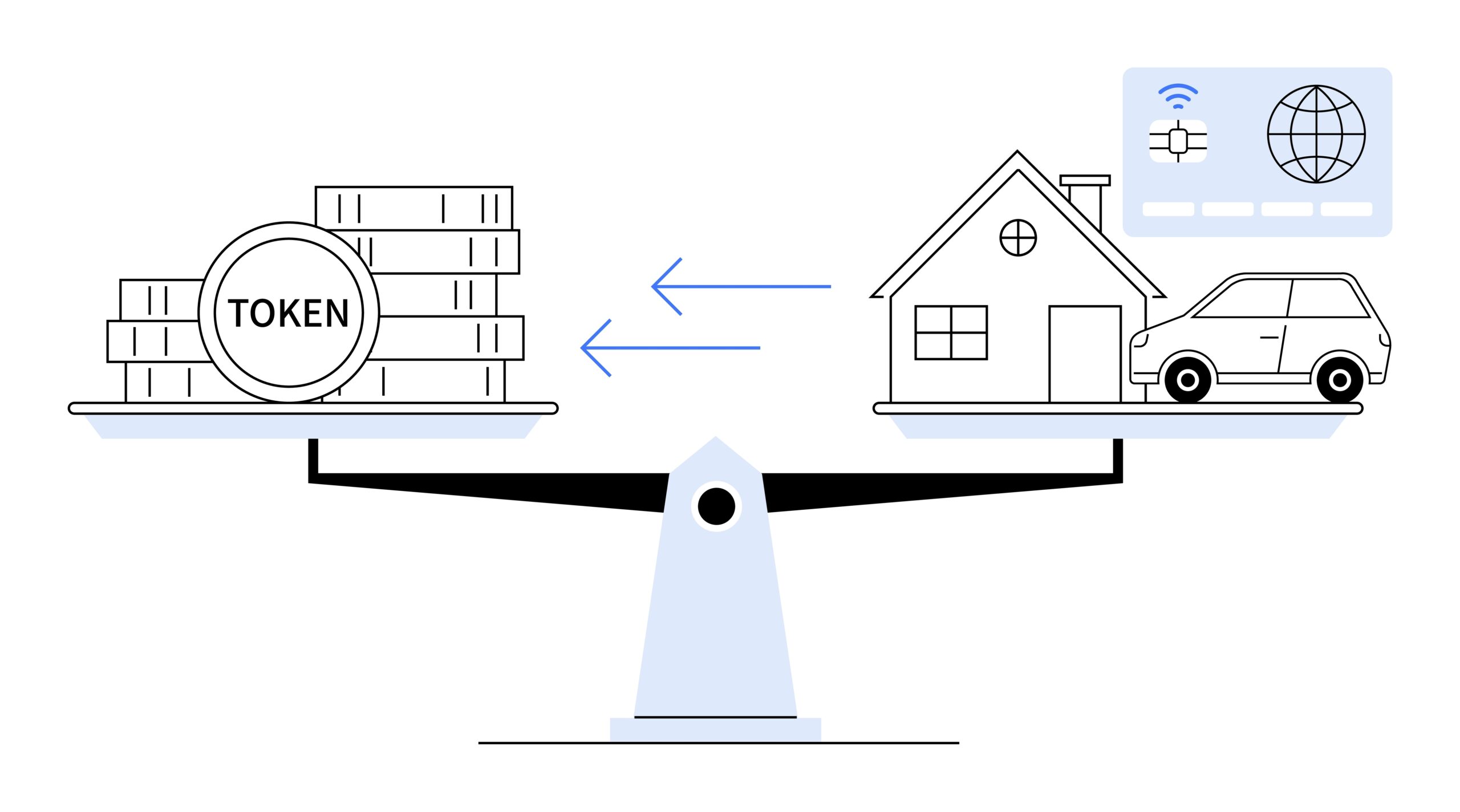 A scale balances stacks of TOKEN coins against a house and car. Ideal for finance, blockchain, cryptocurrency, investment, digital economy.