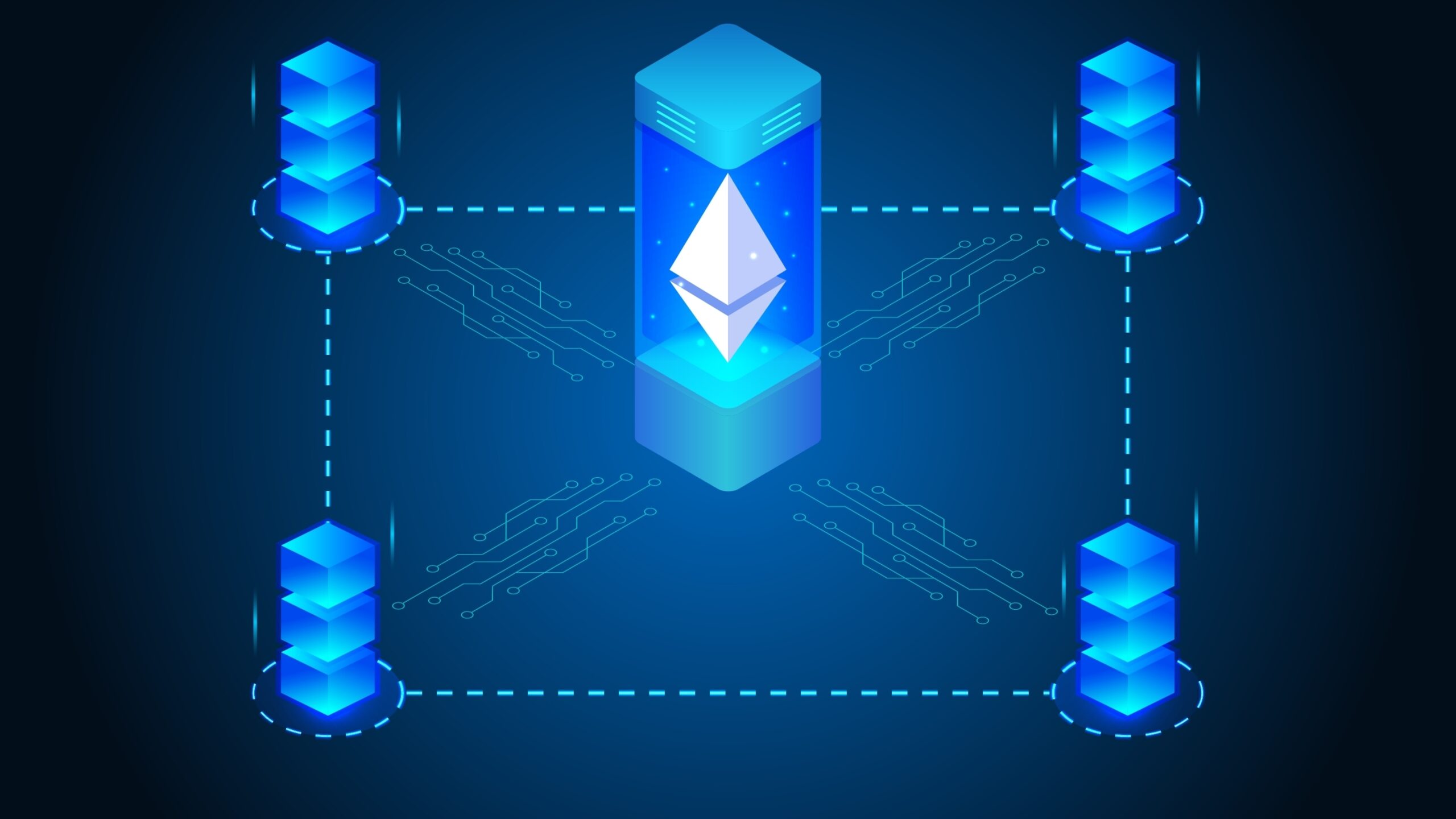 DVT, Distributed Validator Technology on Ethereum 2.0. ETH logo in hologram platform and block validation in the blockchain.