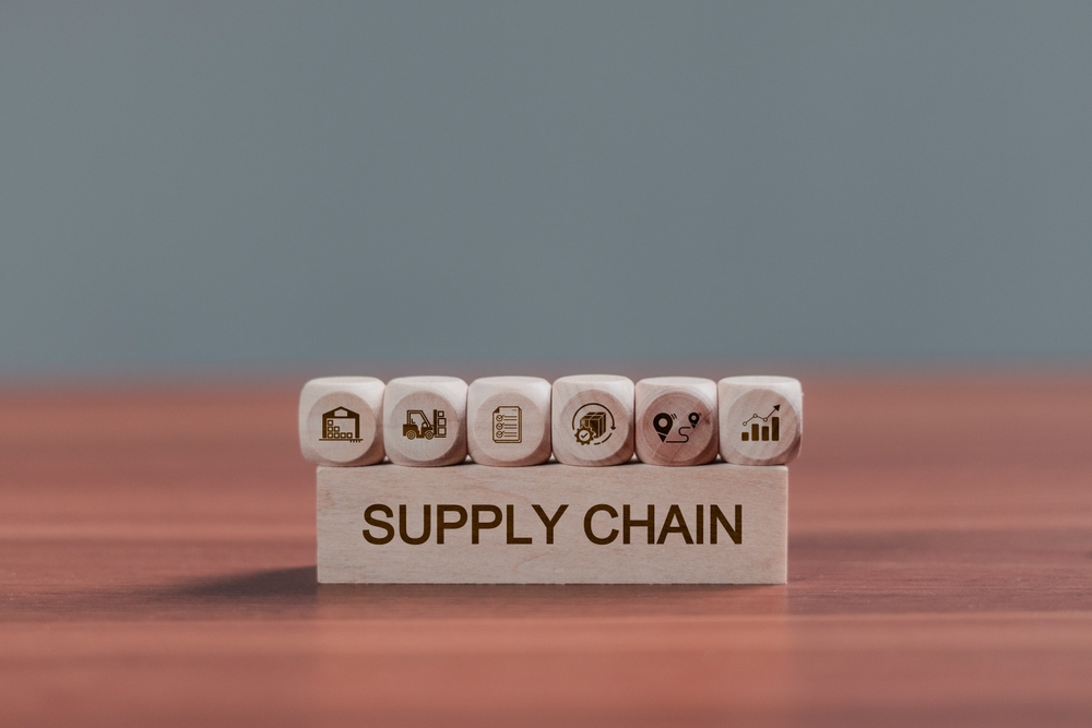 Supply chain management concept. Wooden blocks supply chain icons, Data for global logistics network, efficiency, optimization, integration.