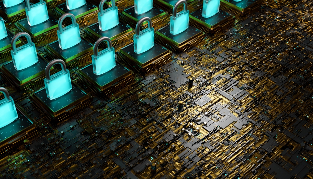 electronic board with microchips and luminous padlocks on top. blockchain concept, security, hacking, technology, crypto and nft.