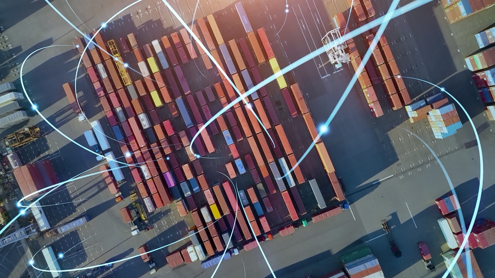 Logistics technology concept. Container yard and communication network.