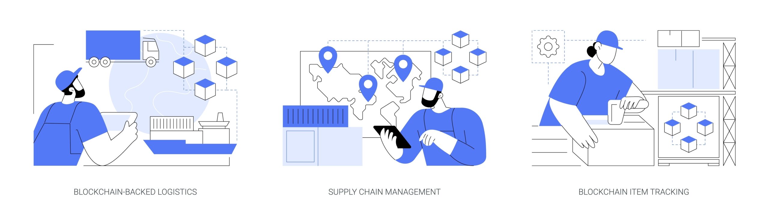 Person with tablet controlling transportation process, supply chain management, blockchain item tracking vector cartoon.