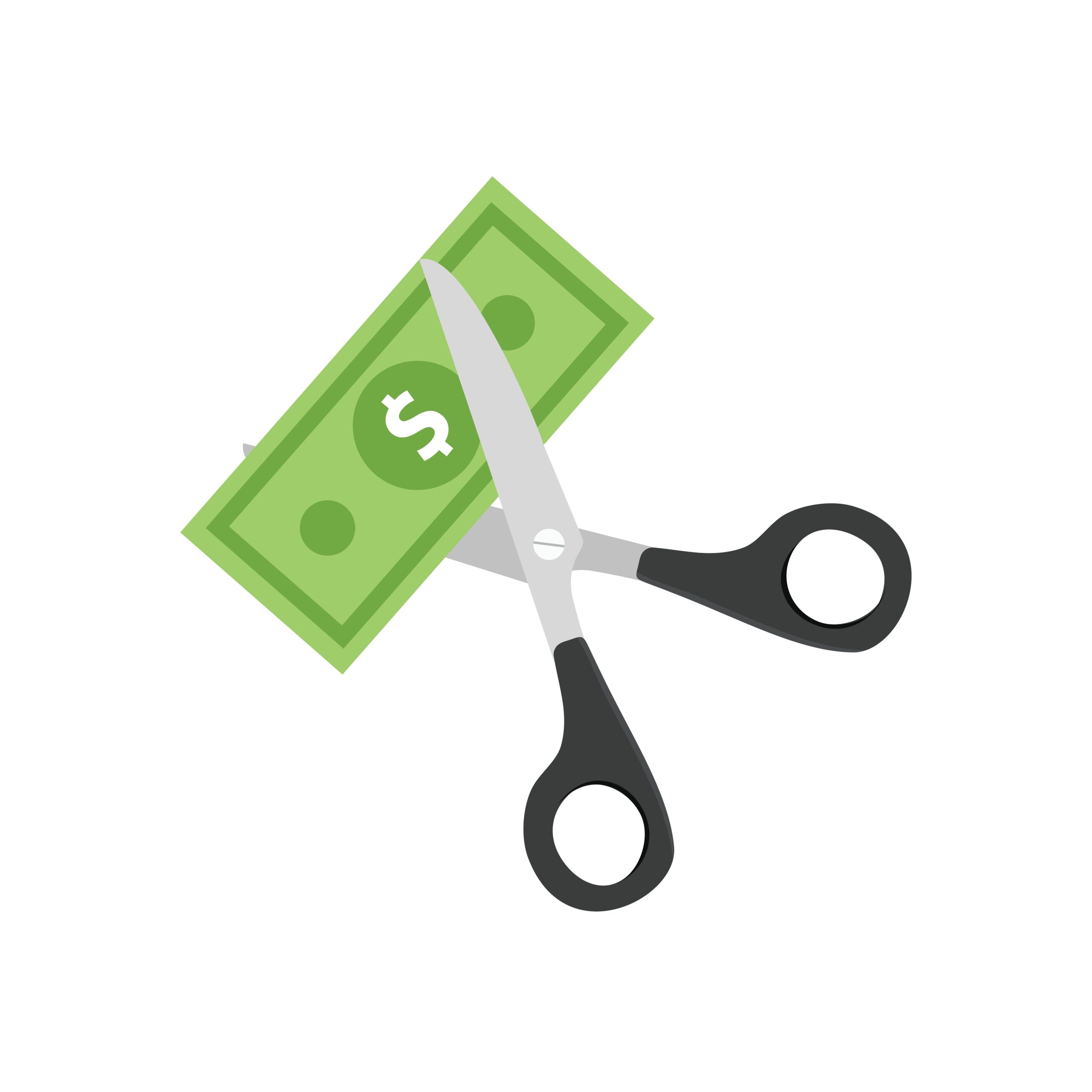 Scissors cutting money isolated on white background. Reducing cost concept.