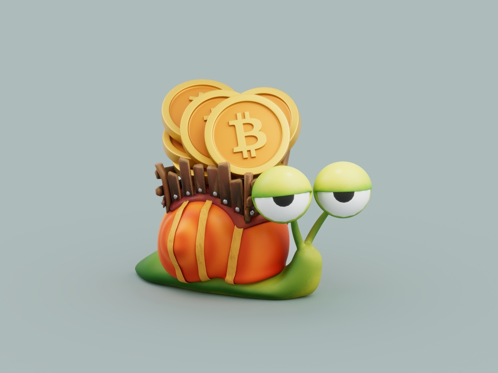 Bitcoin Snail Sleepy Tired Slow Crypto Currency 3D Illustration Render