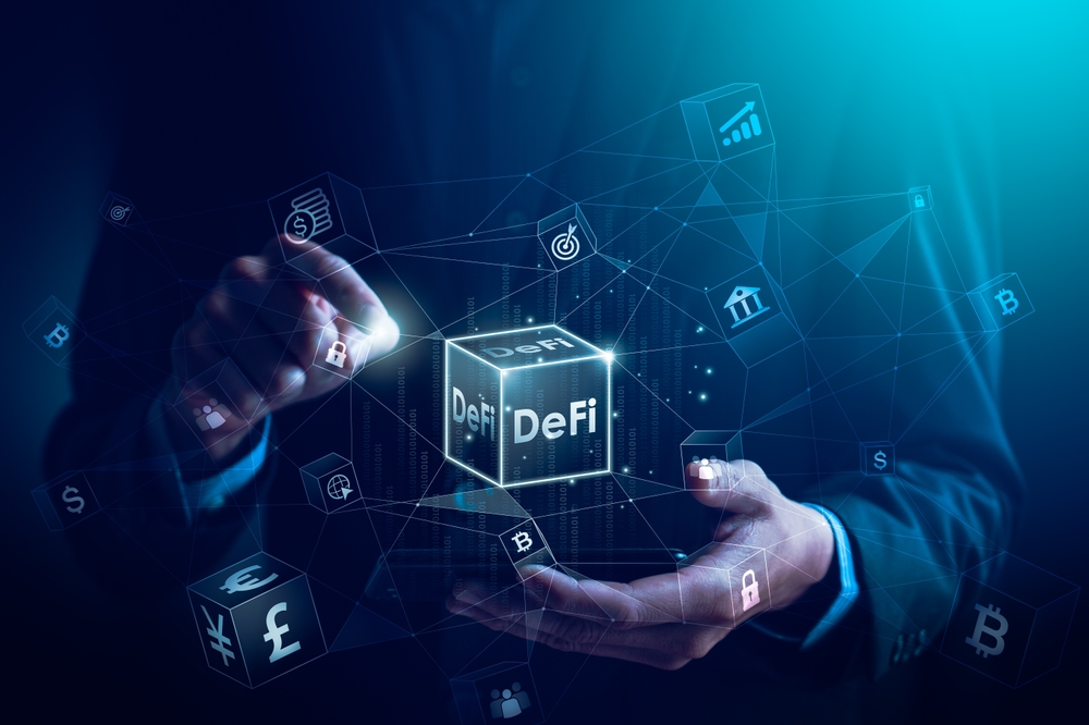 Hands Interacting with Holographic Decentralized Finance or DeFi, Digital Currency and Blockchain Network, Representing Modern Financial Technology and Innovation, Digital finance