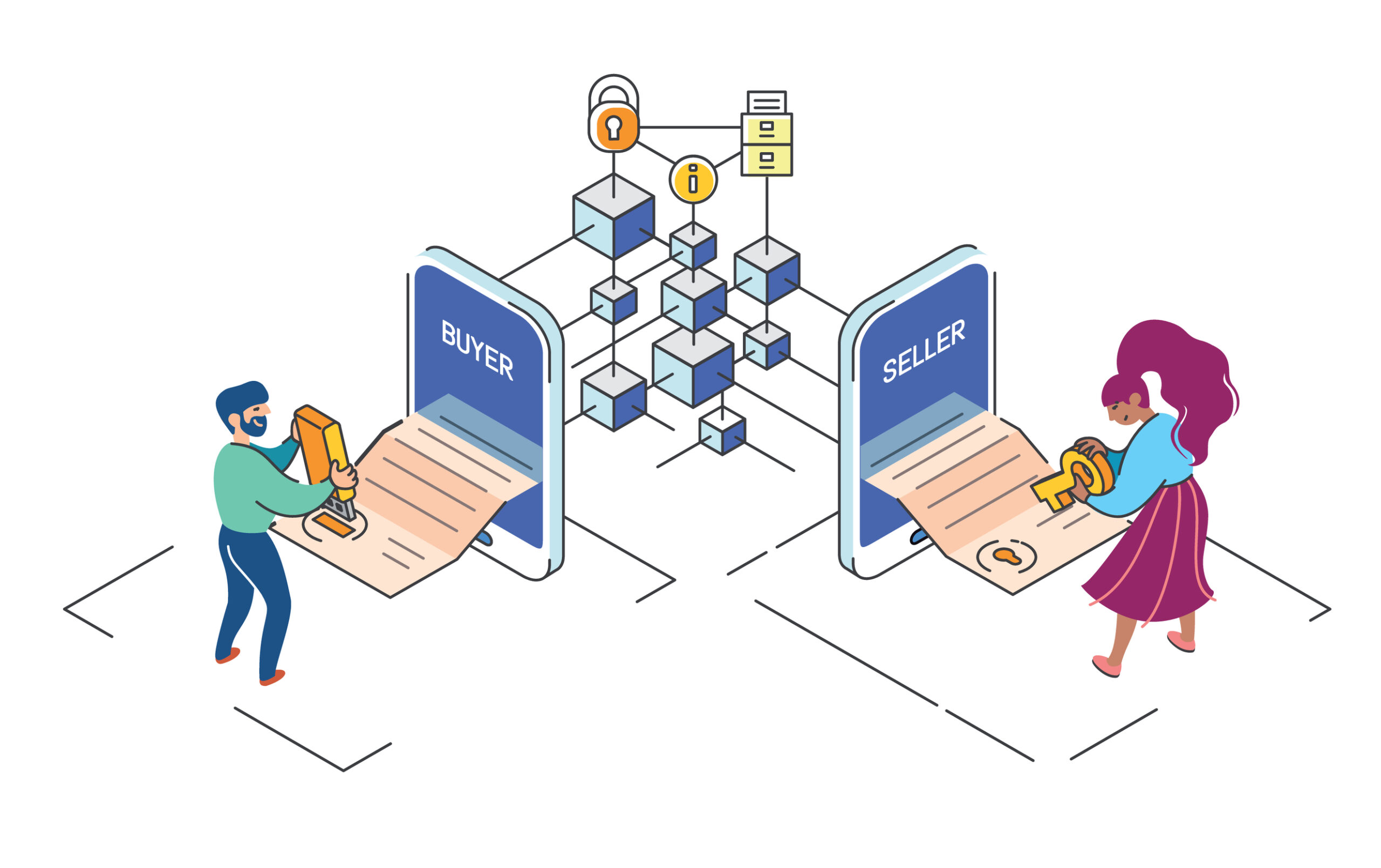 People signing with digital signature smart blockchain contract. Mobile trasaction.