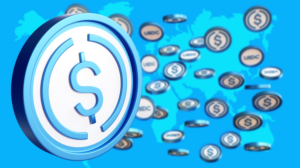 Using USD coin for cross-border payments concept.