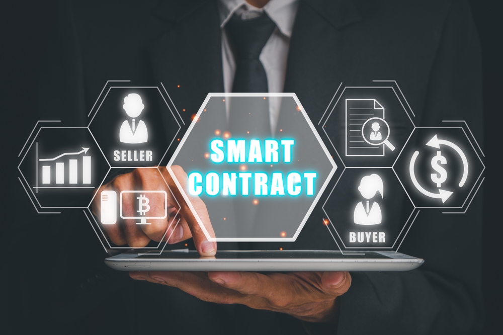 Smart Contract concept, Businees person using tablet with smart contract icon on virtual screen, Business Information Technology, Digital Agreement.
