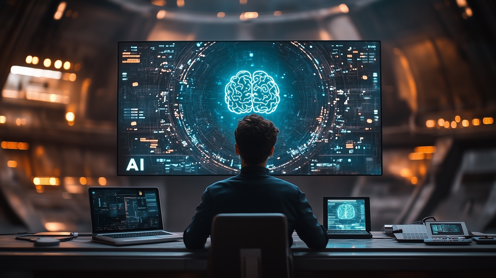 A business man is presenting an AI model on the big screen.