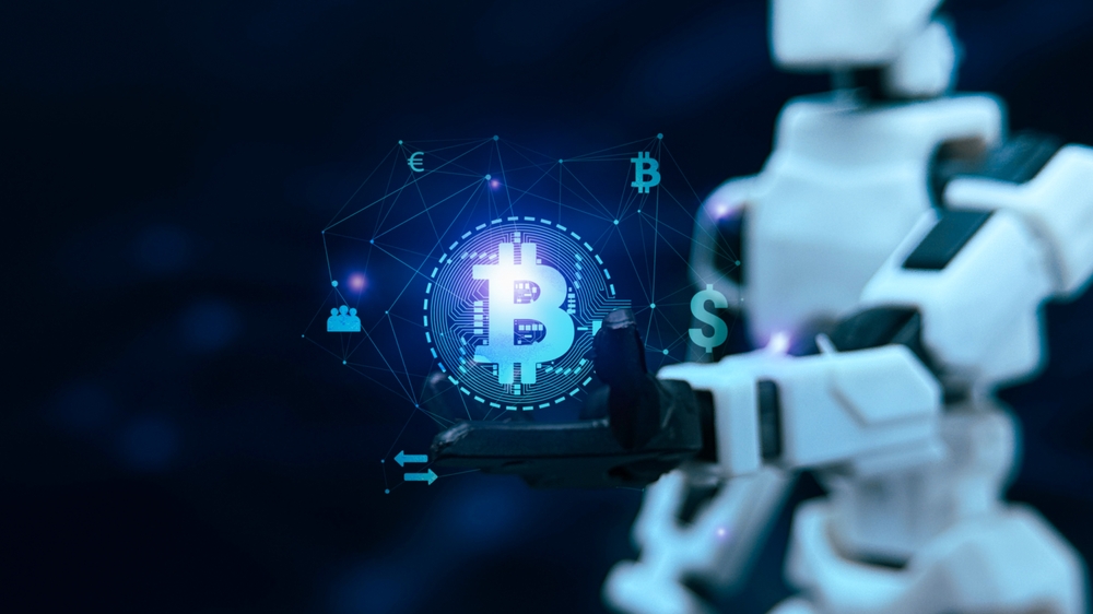 Robotic Hand Holding Bitcoin Symbol in a Digital Network, Representing the Intersection of Cryptocurrency and Advanced Technology in the Modern Financial Ecosystem