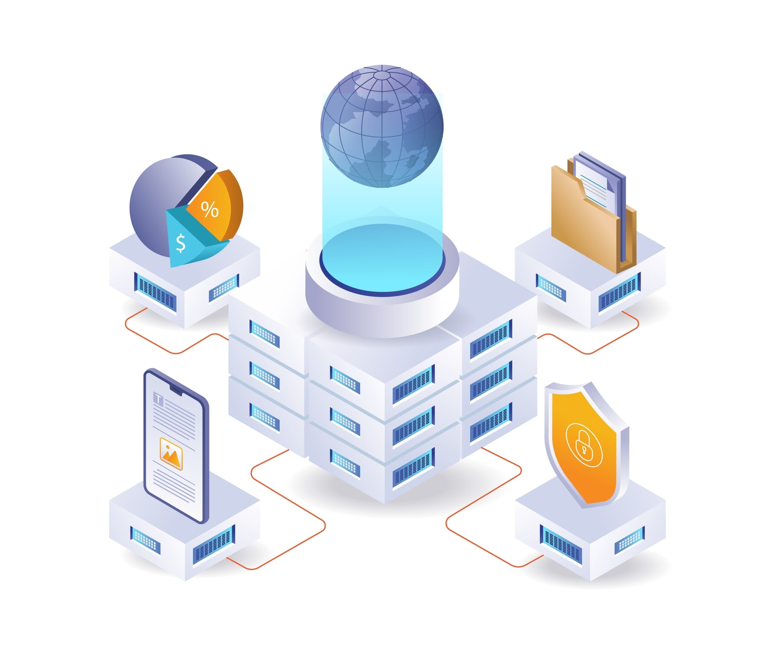 Central cloud server network isometric illustration