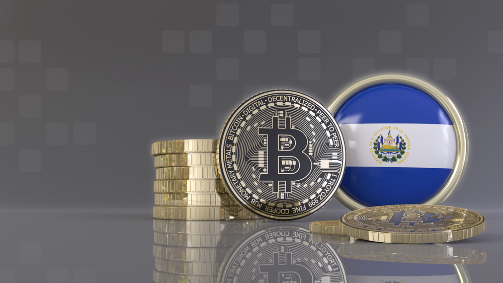 3d rendering of some metallic Bitcoins in front of an badge with the Salvadoran flag