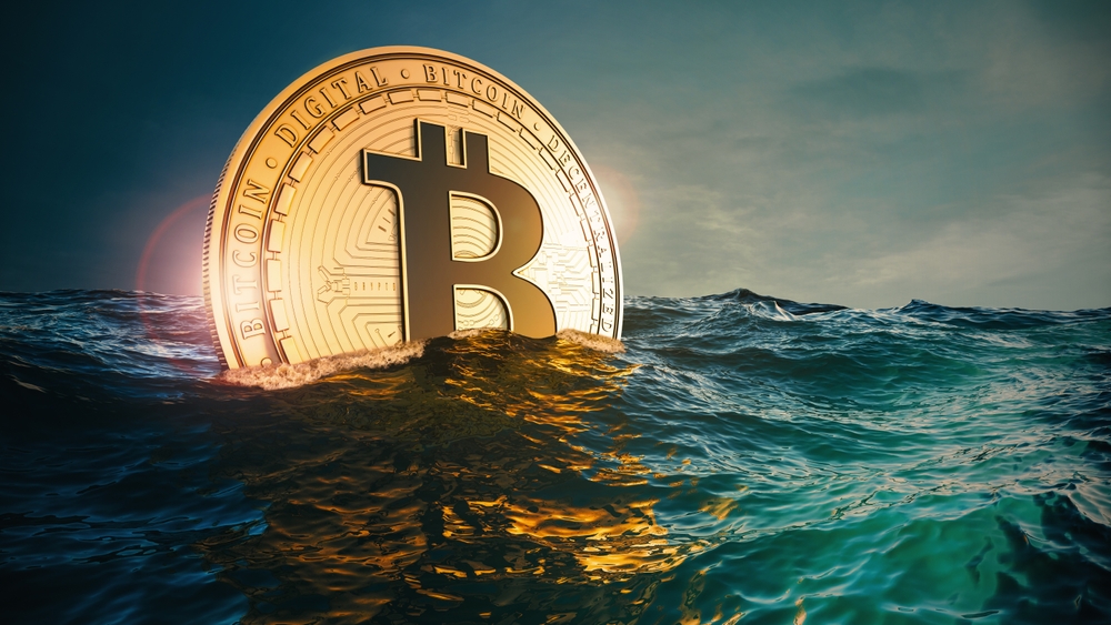 Bitcoin rising up or sinking down into the deep sea. 3D render illustration.