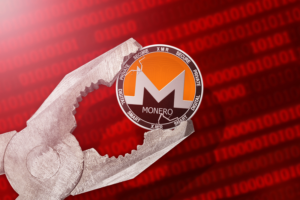 Monero regulation, control; Monero XMR cryptocurrency coin being squeezed in vice, under pressure; limitation, prohibition, illegally