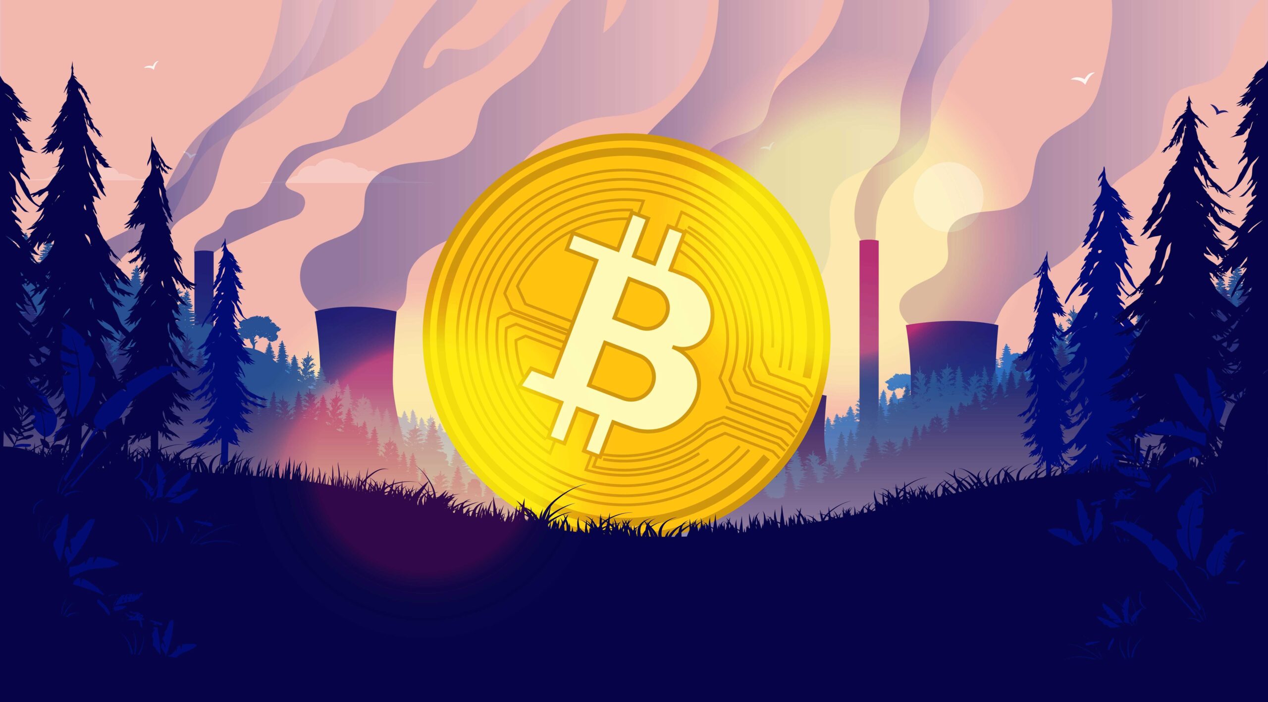 Bitcoin pollution - Illustration about the debate of energy usage in crypto currency and environmental impact. 