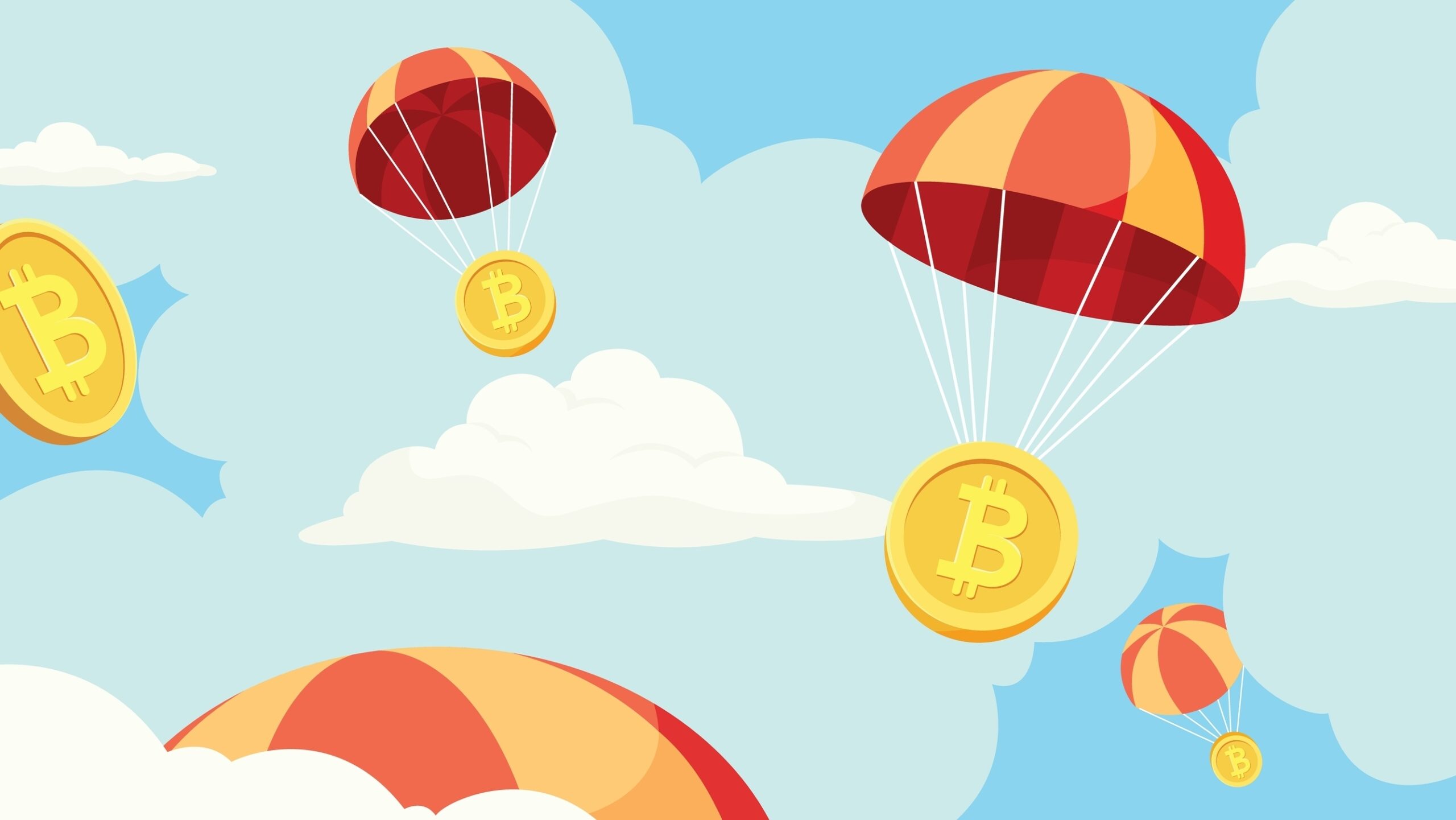 btc, Bitcoin, airdrop coins falling for a cryptocurrency concept, many coins going parachute chute down falling bounty.