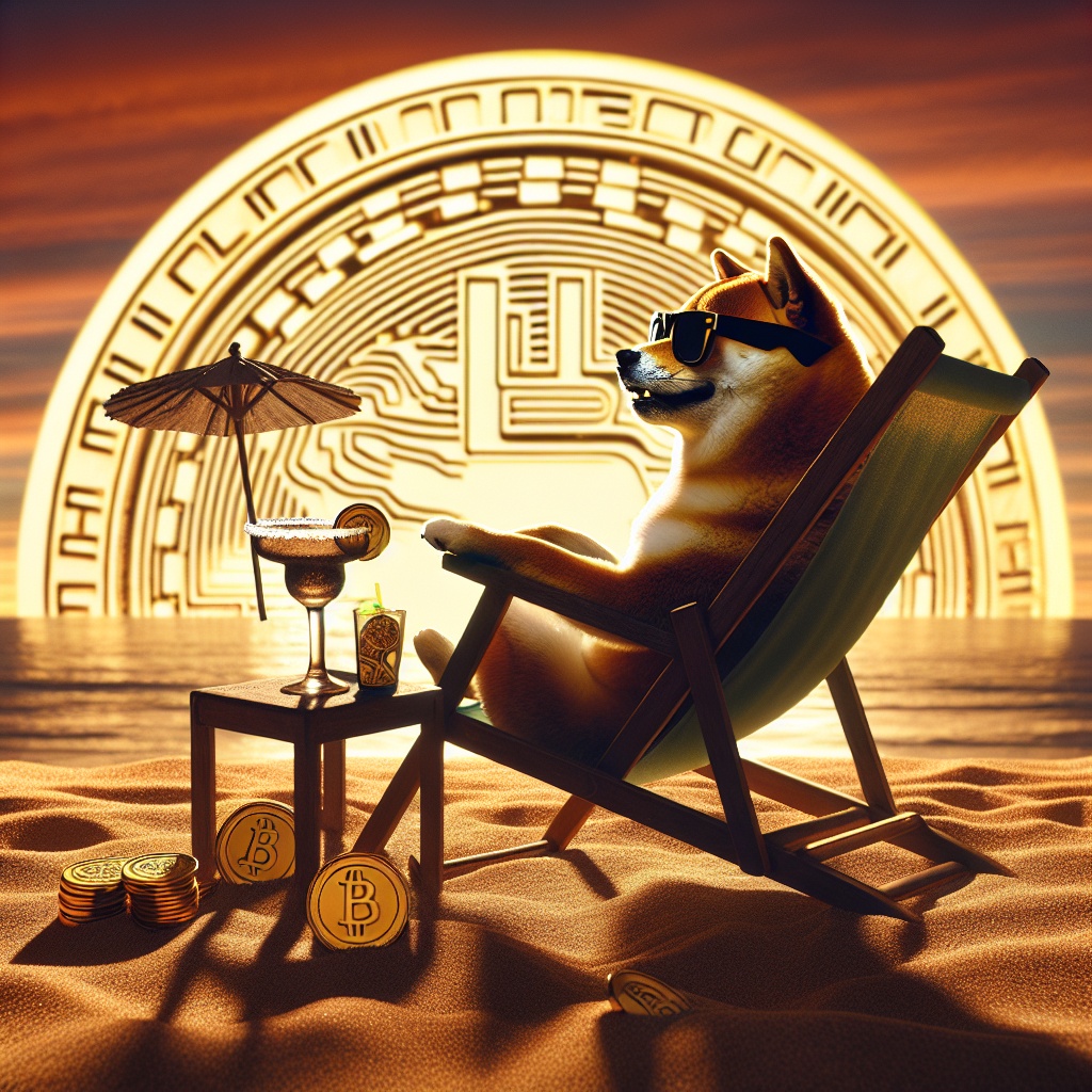Digital currency meme coin in physical form as 24k gold coins with a shiba inu dog laying in a beach chair