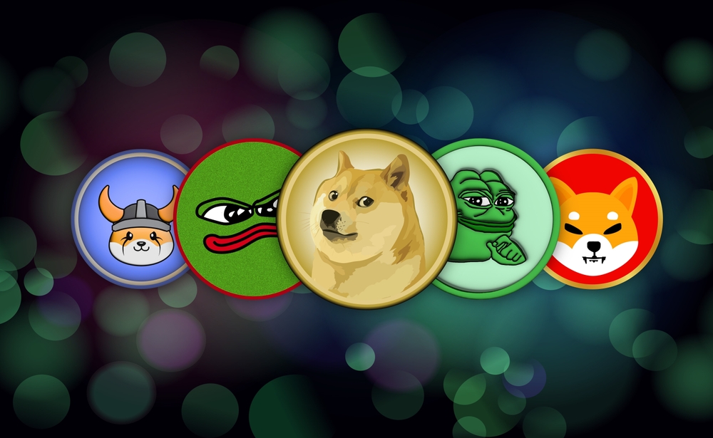 Various memecoin logos on digital background. 