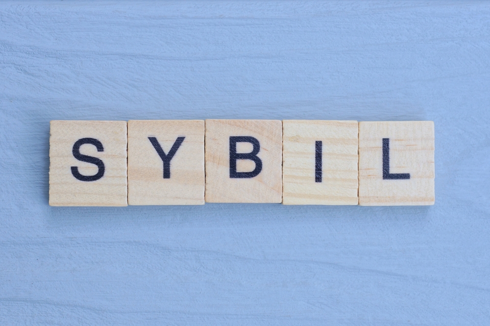 text the word sybil from wooden small letters with black font on an gray table
