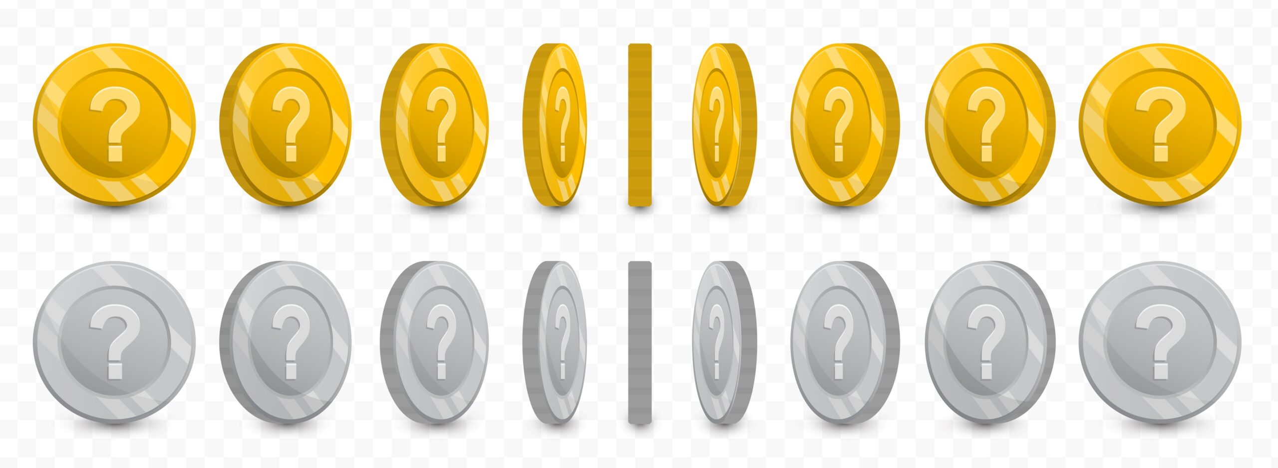 collection of Question mark currency coins in gold colors and grayscale