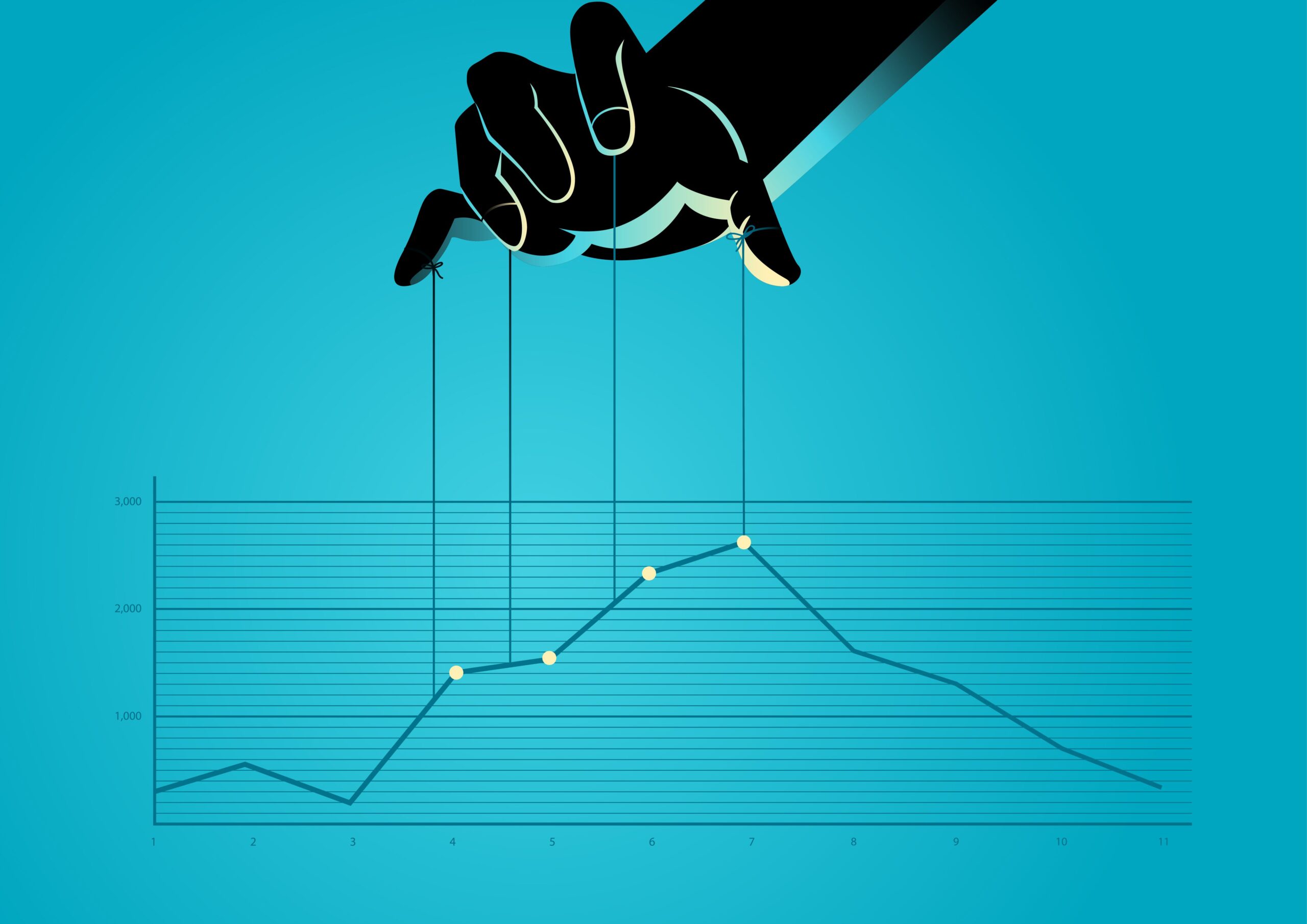 Business concept vector illustration of a puppet master controlling graphic chart