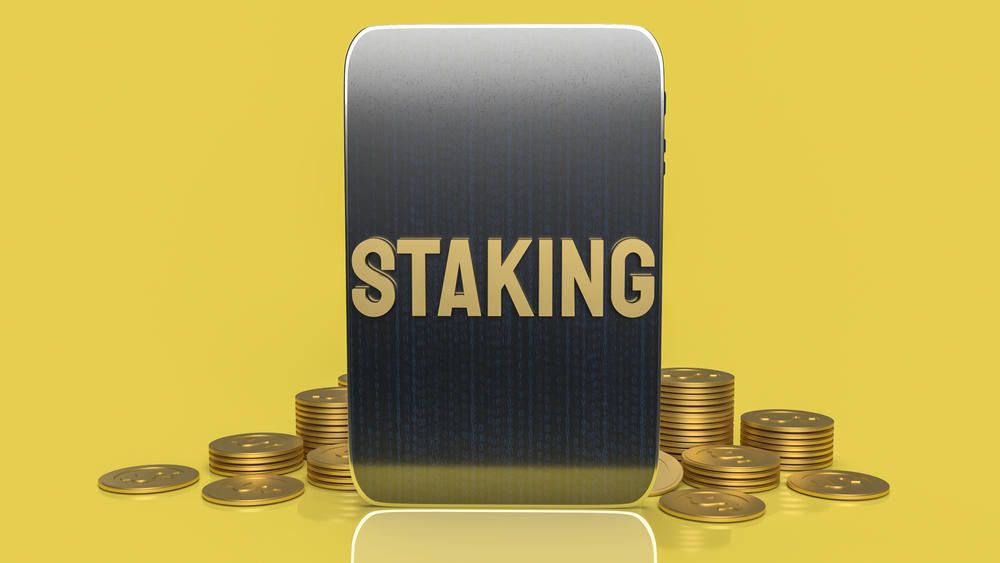 gold word staking and tablet for business or cryptocurrency concept 3d rendering.