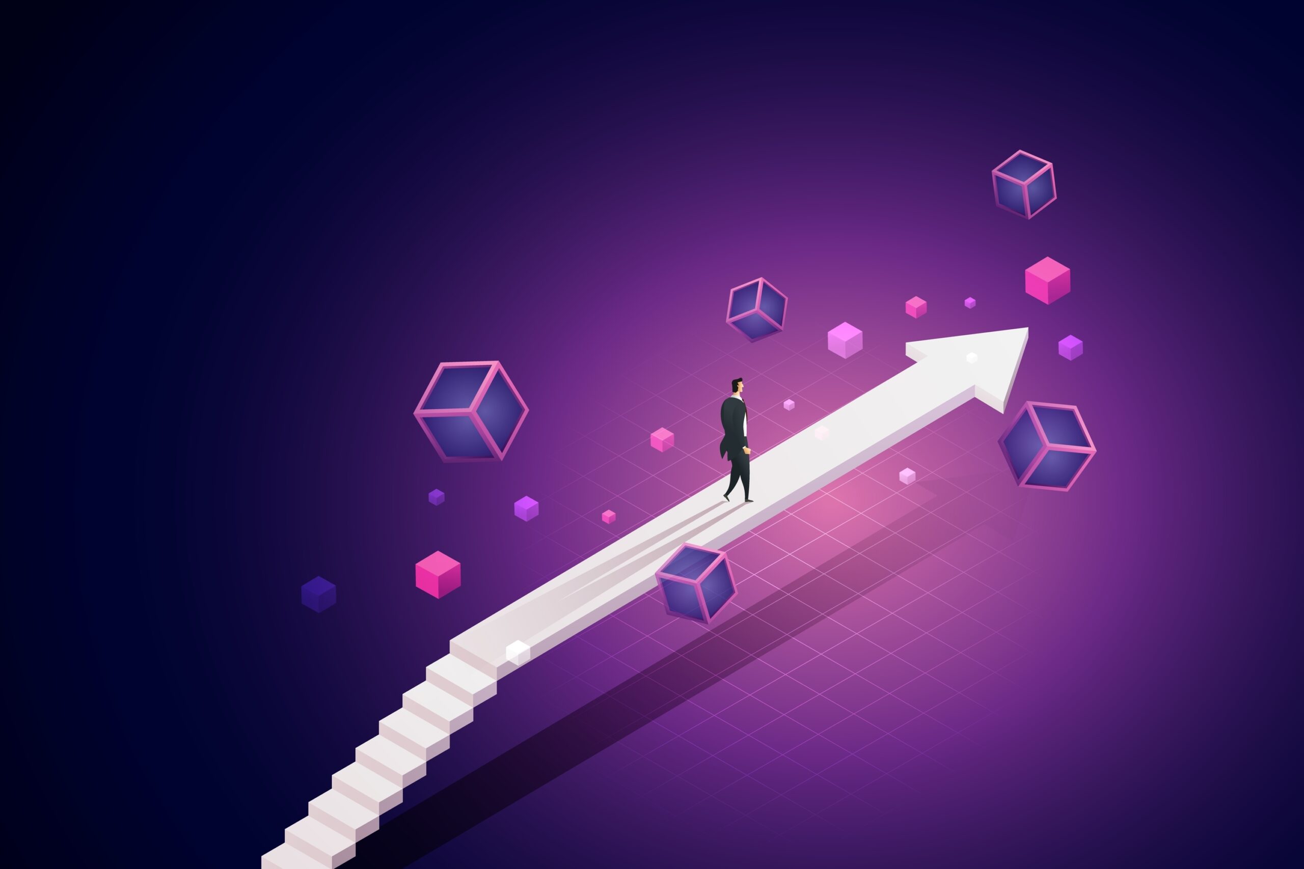 Businessman steps on the arrow bridge that goes forward on the path of Blockchain technology to future. 