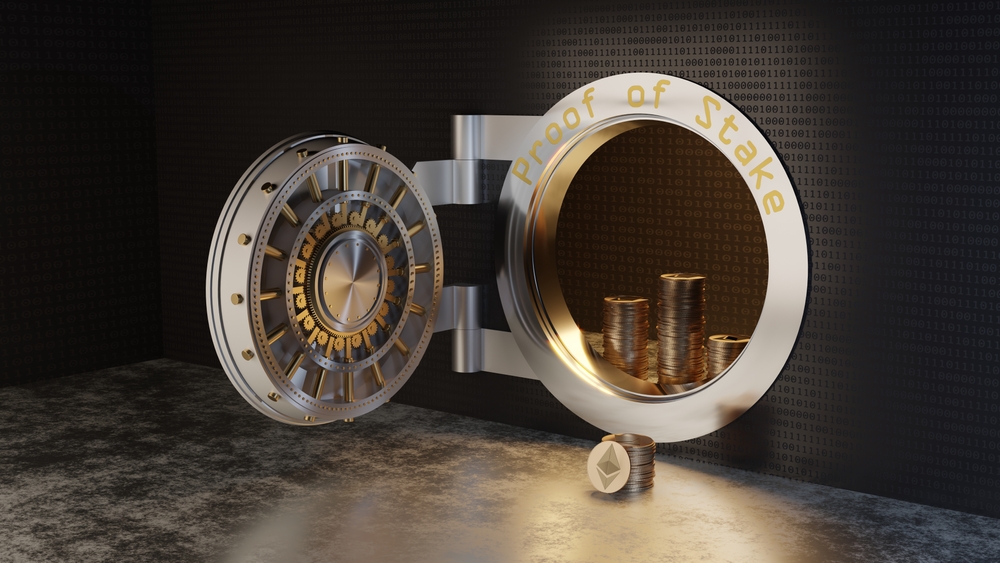 3d illustration of a large wall safe with ethereum tokens symbolizing the proof of stake concept.
