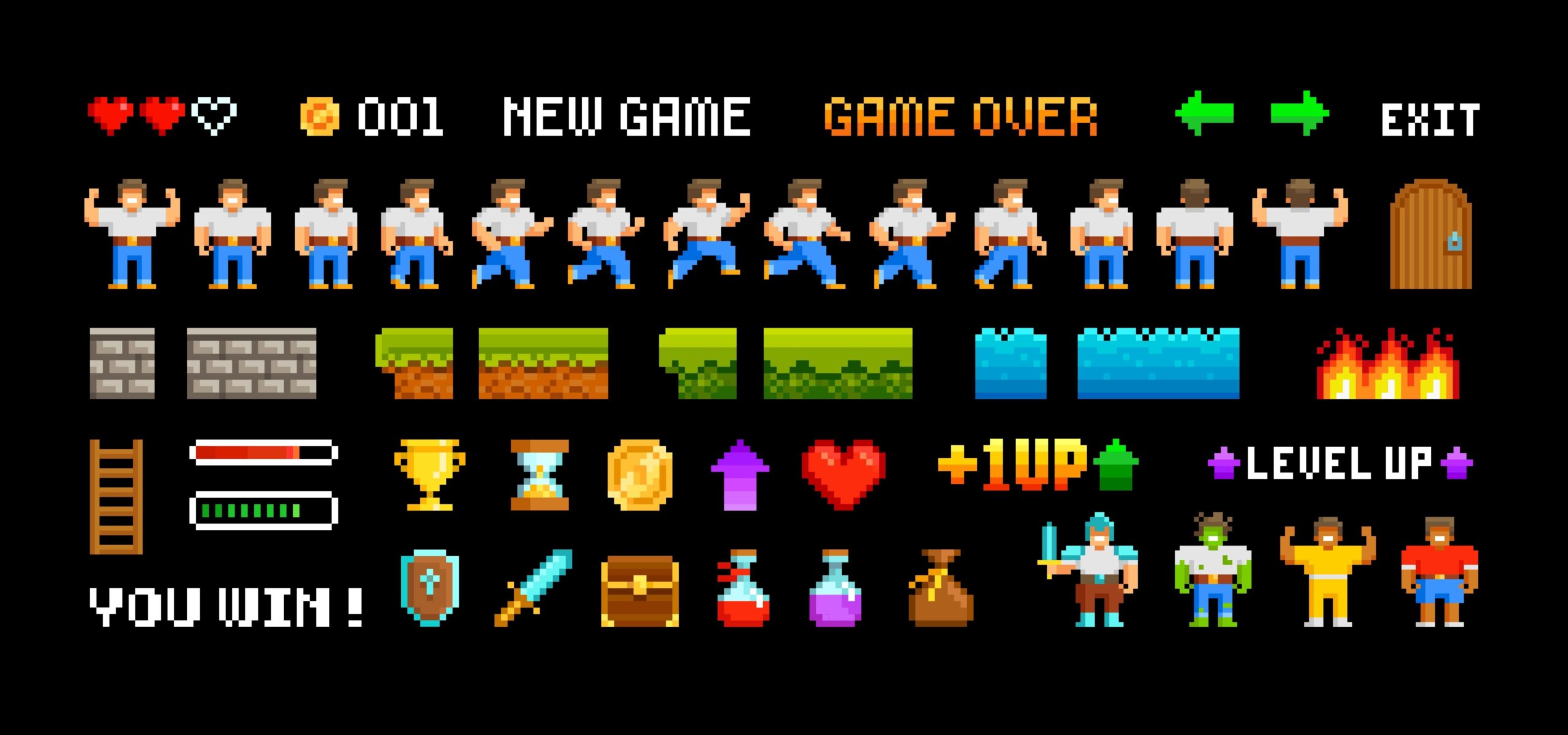 Retro Pixel Game trophy icons and vector elements for adventure arcade level design.