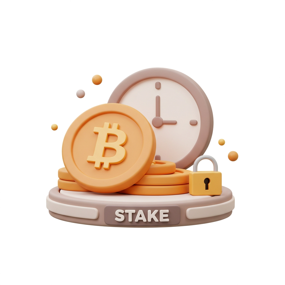 Digital illustration showcasing bitcoin coins, a clock and padlock symbolizing the concept of staking for digital security and time-based crypto investment projects.