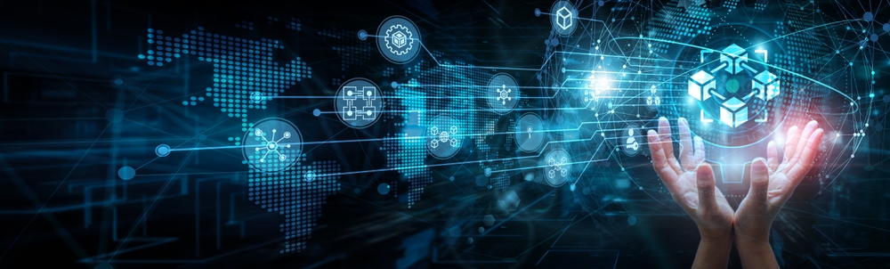 Blockchain expert holding global network and blockchain systems, decentralization smart contracts encryption tokens crypto validation finance automation, and distributed ledger transparency.