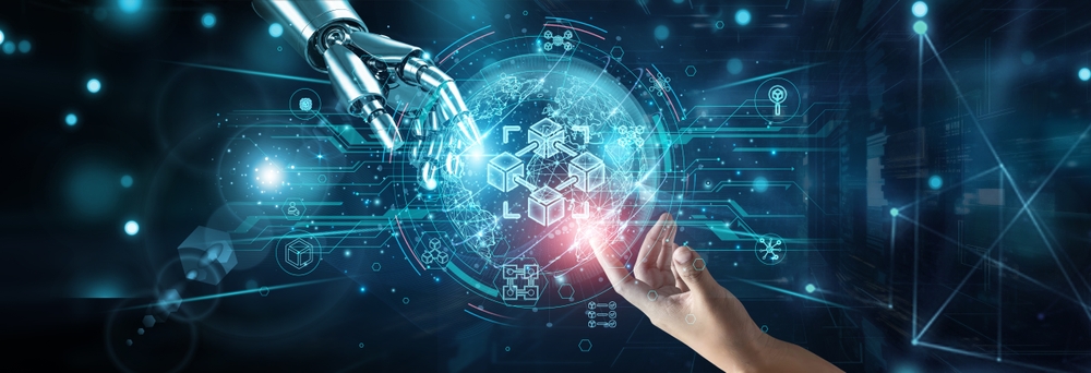 Hands of robot and human touching on blockchain technology, network connection background, decentralization ledger encryption smart contracts security crypto data validation transparency.