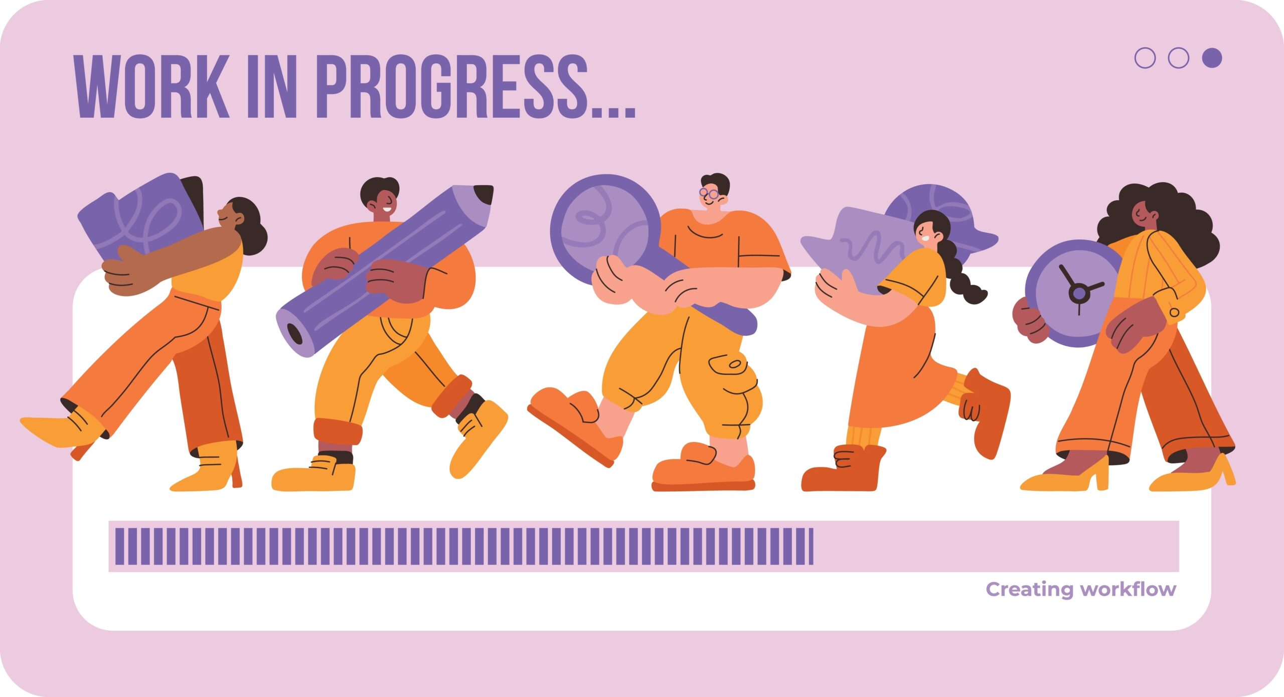 A vibrant illustration featuring dynamic, diverse characters walking and carrying tools like pencils, clocks, and other creative elements.