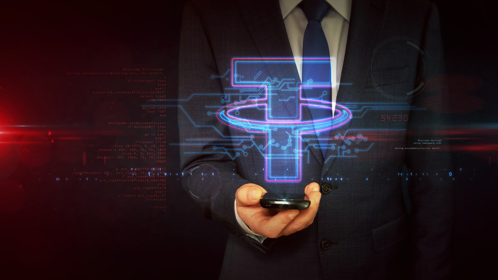 Tether stablecoin symbol, USDT, mastercoin dollar cryptocurrency business, cyber money safety icon.