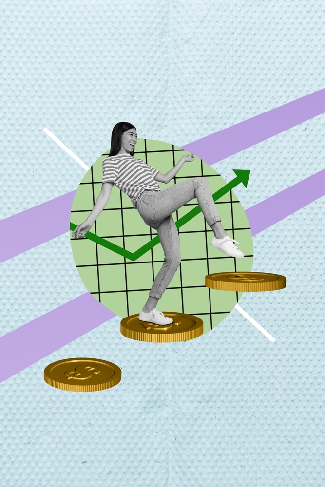 Creative photo artwork collage of lucky lady getting success step by step isolated drawing background