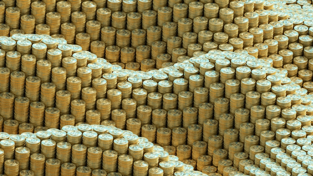 Beautiful, unusual abstraction in the form of stacks of bitcoin coins in the likeness of water ripples