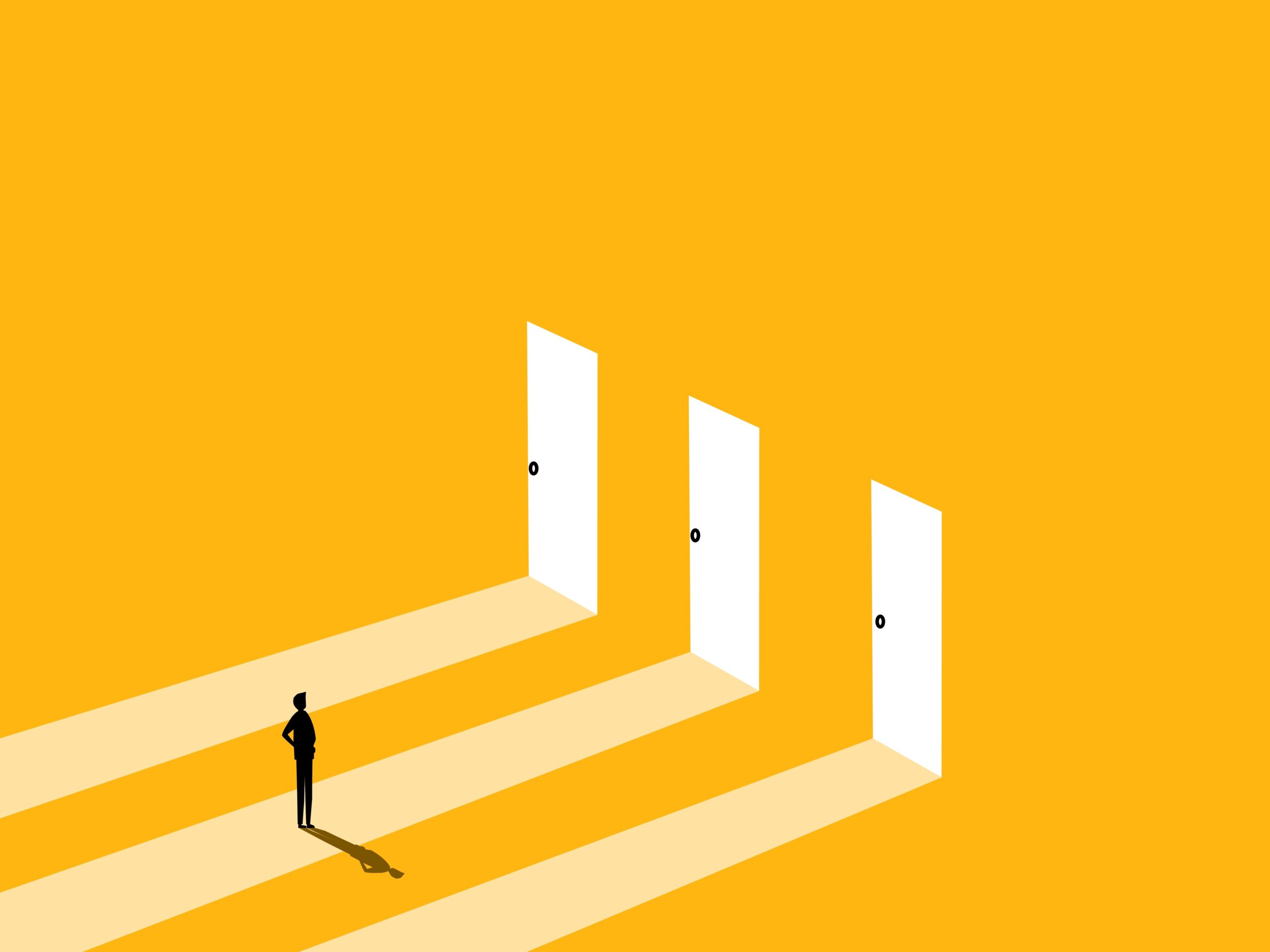 Courage, ambition. Businessman stands at the door to choose a path