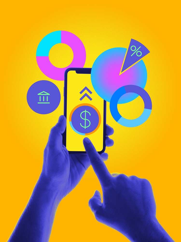 Colorful composition of hands using smartphone surrounded by pie charts and financial icons.