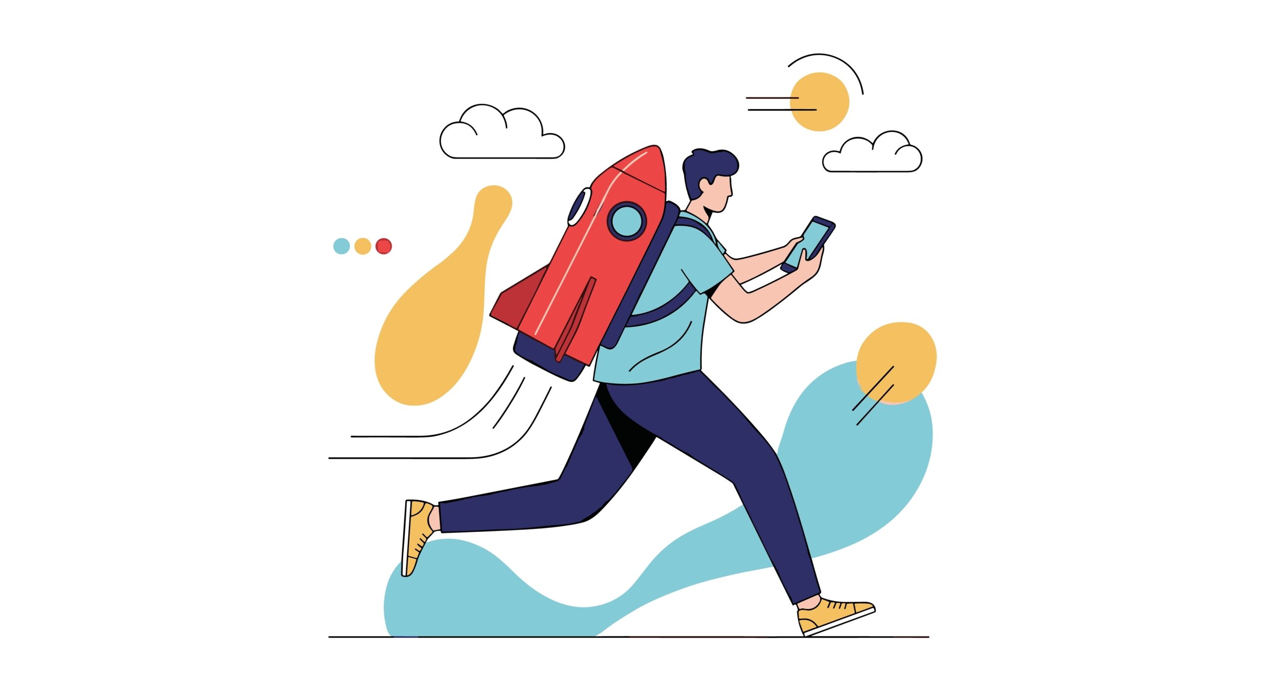 Innovative business startup launching new products with rocket backpack technology and digital connectivity
