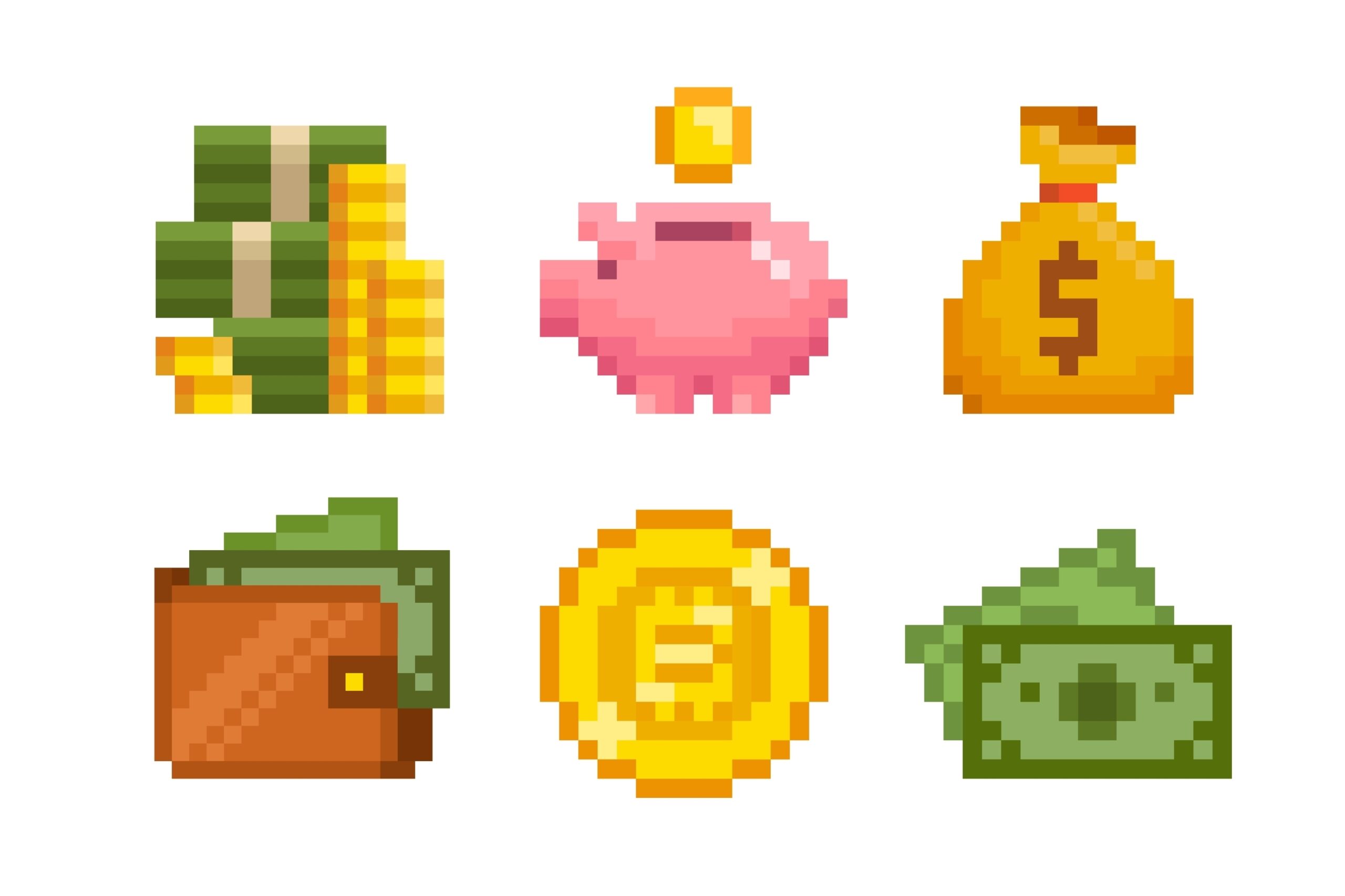 Pixel Art Cash Money and stack of coins vector icons set.