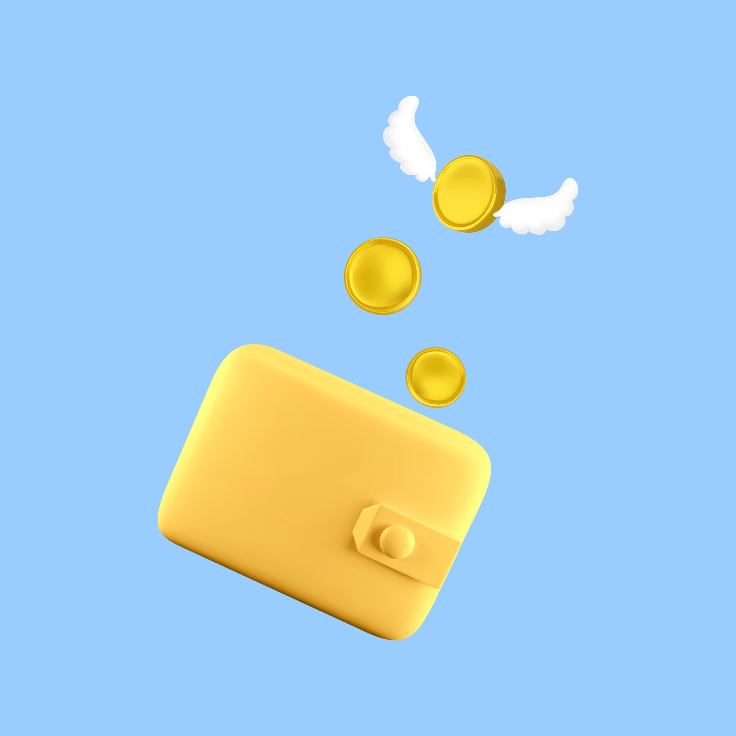 Yellow wallet with flying golden coins.