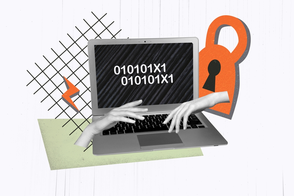 Creative collage poster laptop protection cyber security data defense two arms reach each other connect hold padlock password