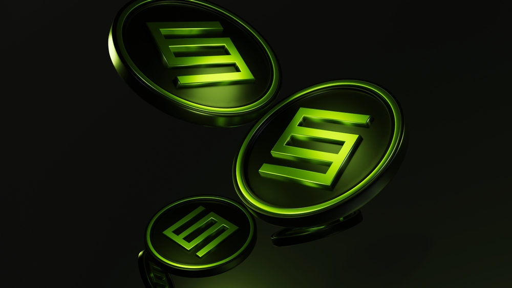 Symbiotic logo and coins on dark background.