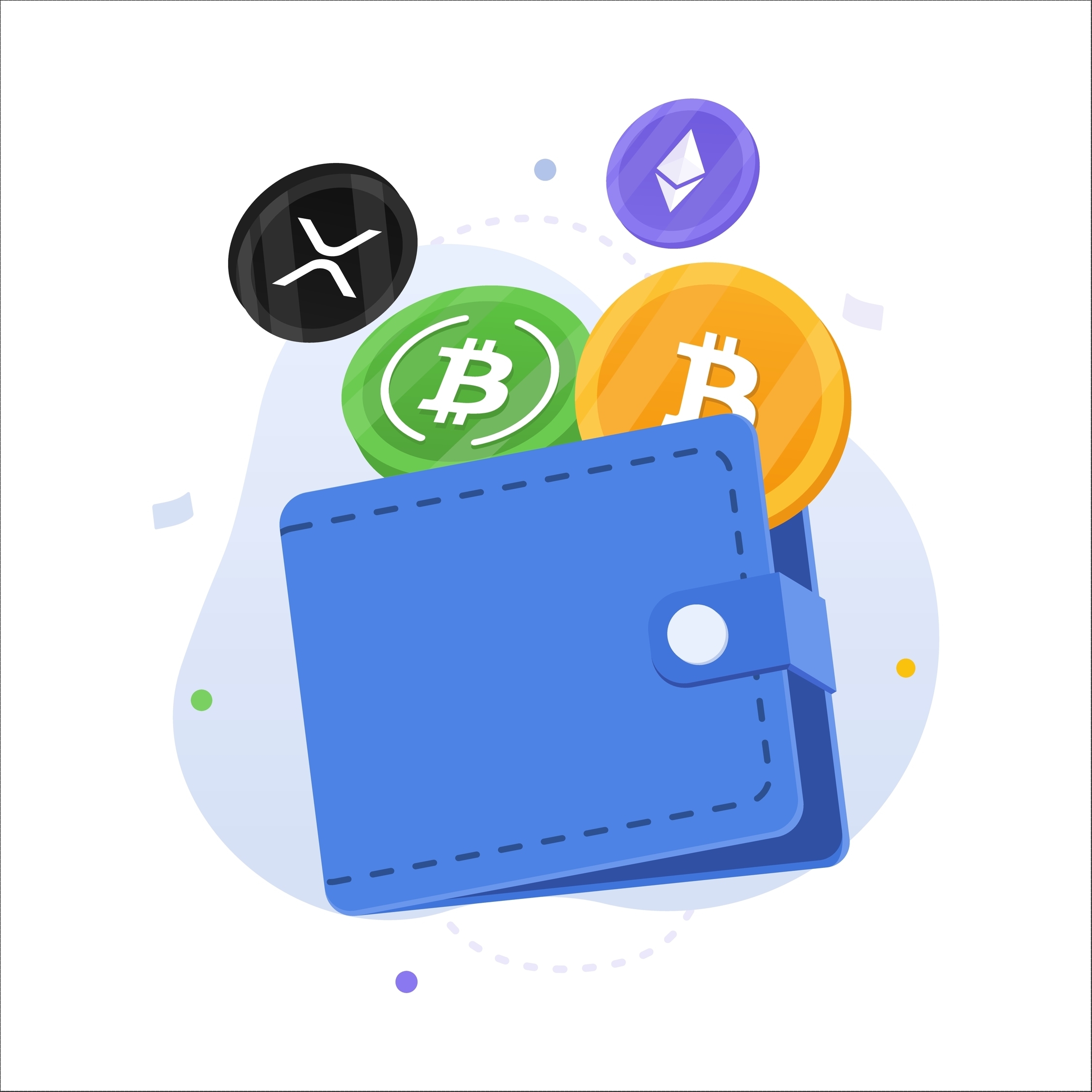 Cryptocurrency coins floating above the crypto wallet vector illustration concept.