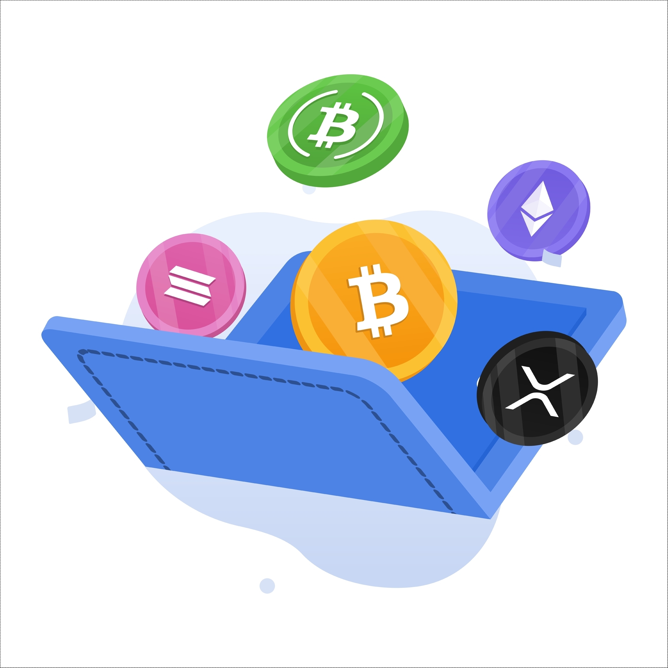 Cryptocurrency coins floating above the opened crypto wallet vector illustration concept. 