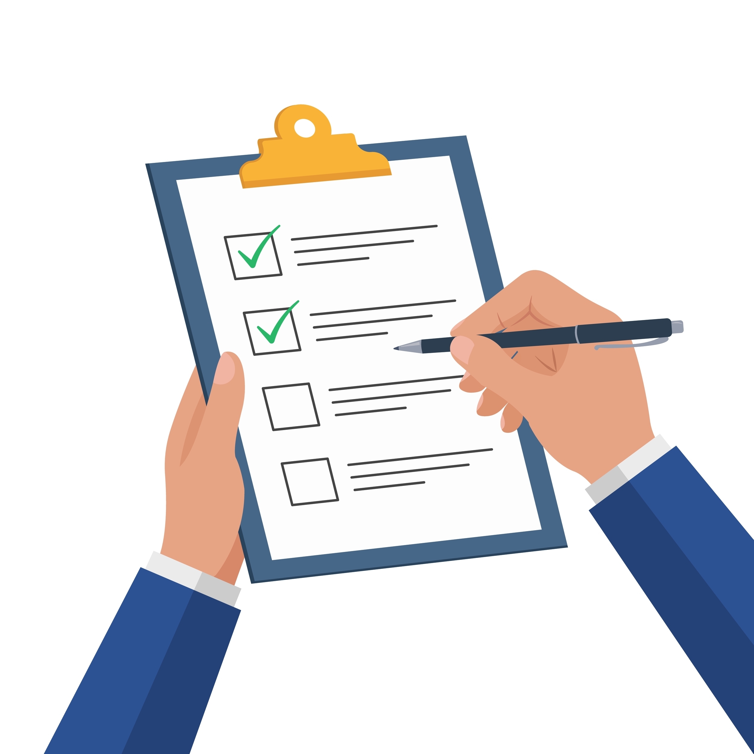 Businessman hands holding clipboard with checklist with green check marks and pen.