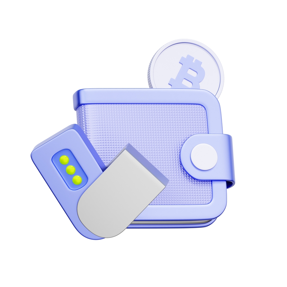 3D icon of a hardware wallet with a software wallet interface and Bitcoin coin For cryptocurrency wallet security, hardware wallet setup, managing Bitcoin assets, and cold storage solutions.